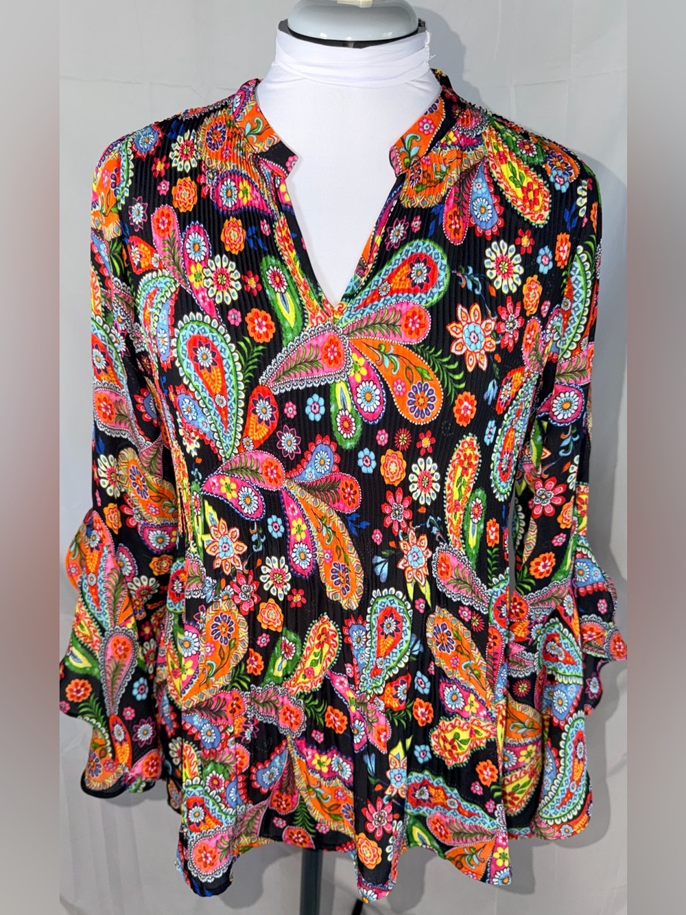 Spence Boho multicolored paisley and floral print blouse w/flared bell sleeves